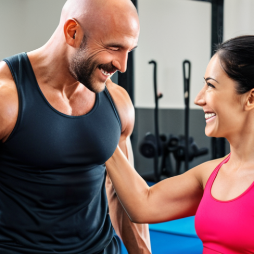 Home 18 **
A vibrant and motivating image showing a personal trainer interacting with a client. Focus on the positive connection and support, not just physical exertion. Show the trainer actively listening and offering encouragement, with the client looking determined and happy. Include a modern gym setting or an outdoor fitness area. The overall feel should be holistic wellness, encompassing mental and physical health.
**