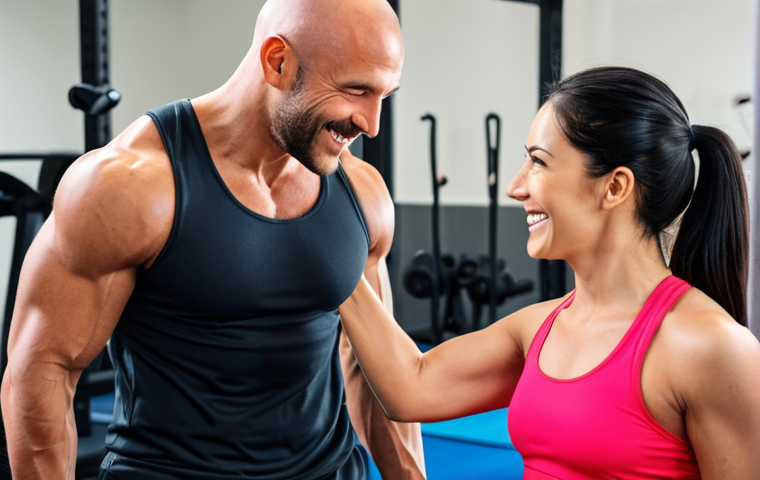 **
A vibrant and motivating image showing a personal trainer interacting with a client. Focus on the positive connection and support, not just physical exertion. Show the trainer actively listening and offering encouragement, with the client looking determined and happy. Include a modern gym setting or an outdoor fitness area. The overall feel should be holistic wellness, encompassing mental and physical health.
**