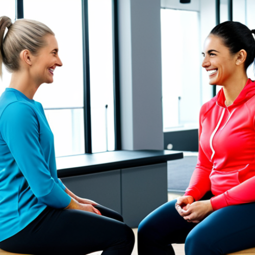 Home 16 Motivational Coaching Session**
A professional female weight loss coach, fully clothed in modest athletic wear, sits across from a smiling client in a bright, modern office setting, appropriate content, safe for work, perfect anatomy, natural proportions, friendly and supportive atmosphere.
**
